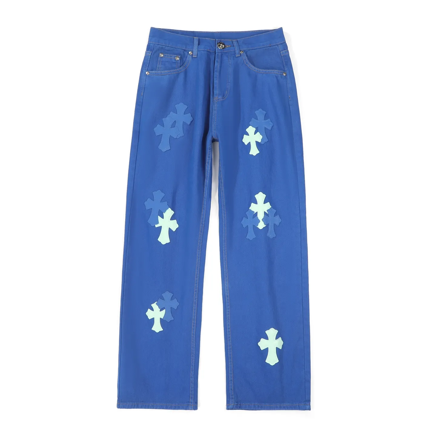P260 Chrome hearts｜ch Chrome hearts London limited dopamine blue leather jeans, counter price 22W level, patchwork cross pattern embellishment, washed jeans! ! An absolutely high-end luxury product, a 1.9W-level god-level single product, a super popular product, made by top heavy industry, a magic weapon that cannot be missed! [About Zangyin] This is an extremely luxurious fashion brand that can also be called the aristocracy of the high street. It has always been an exclusive brand for some hipsters or rich second generations. Compared with ordinary high streets, it is more luxurious and noble. Compared with luxury brands, it is more fashionable and individual. It has always been a brand that I have a special liking for. [Top heavy industry fashion design] Consistently high-street luxury style. Speaking of this style, the Zangyin family and GU family are definitely the leading representative brands. Especially the Zangyin family has really achieved a state-of-the-art effect in creating high-street style. The unique washed material is used to create this style. The color system is already quite eye-catching. After it is decorated with patchwork cross flowers, it cleverly highlights the charm of the brand. Secondly, this style uses classic The high-waist cutting design highlights the long legs and fashionable temperament of the upper body. The brand is highly recognizable and the slim fit configuration is more suitable for daily wear. It is a product that interprets personality, fashion, and specifications at a glance. This single product is enough to make any fan excited. It can be a white T-shirt for a youthful college style, or a tight suspender for a royal style. It has strong matching ability and can be easily controlled by men.  [Materials and craftsmanship] Needless to say, this point goes without saying. As an excellent craftsman brand, Zangyin’s requirements for details and craftsmanship are really perfect. The washed color of this model has gone through so many processes, not to mention the embellishment of denim appliques. It is also purely hand-made and sewn. Just like what they believe in, only hand-made things have soul and have the meaning of wear. A top-notch heavy-duty fashionable denim item, I look forward to your perfect interpretation! !   Color: Dark blue Size: S-XL (28 30 32 34) Pants length: 101/103/105/107 Waist: 78/82/86/90 Recommended height: 170/175/180/185 Recommended weight: 120/140/160/180